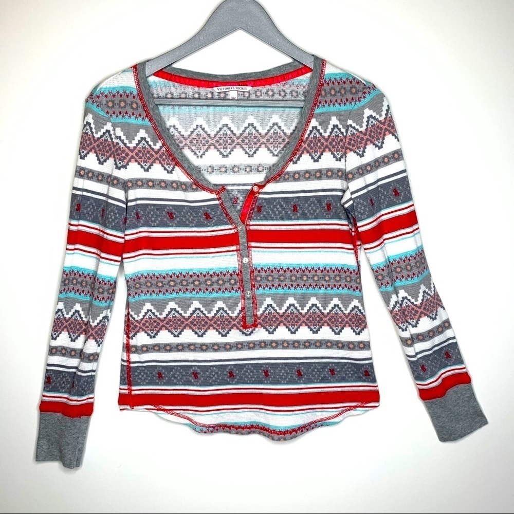 Victoria Secret Striped Thermal Shirt Size S Red Gray V Neck Long Sleeve Warm